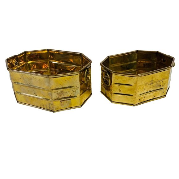 Pair Of Nesting Brass Octagonal Planters With Handles Bowl Basket VTG 60s - Picture 2 of 16